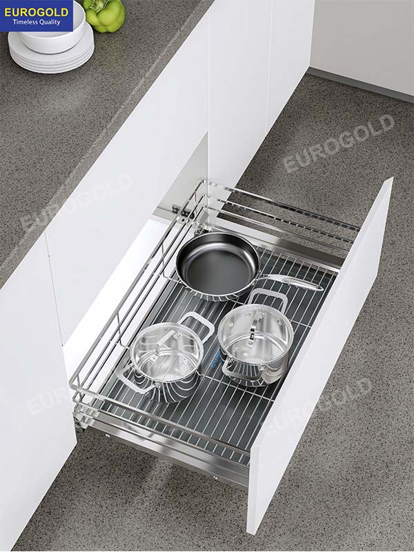Giá xoong nồi inox mờ nan dẹt gắn cánh âm tủ Eurogold