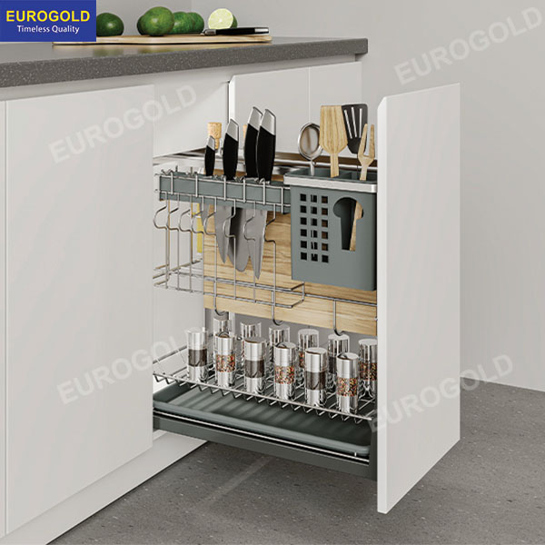 Giá dao thớt nan dẹt inox mờ cao cấp ray giảm chấn