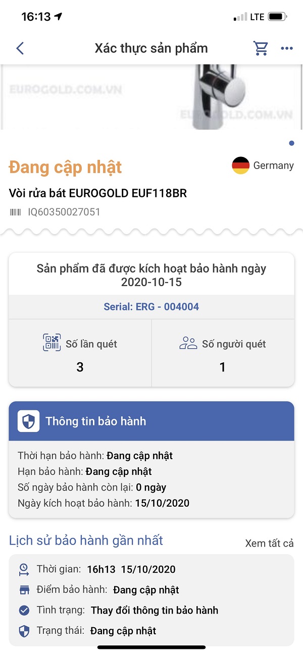 kích hoạt bảo hành sản phẩm của Eurogold